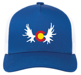 Mid-Profile Trucker Cap - Royal and White - 5 Panel - Snapback - Colorado Moose Antlers